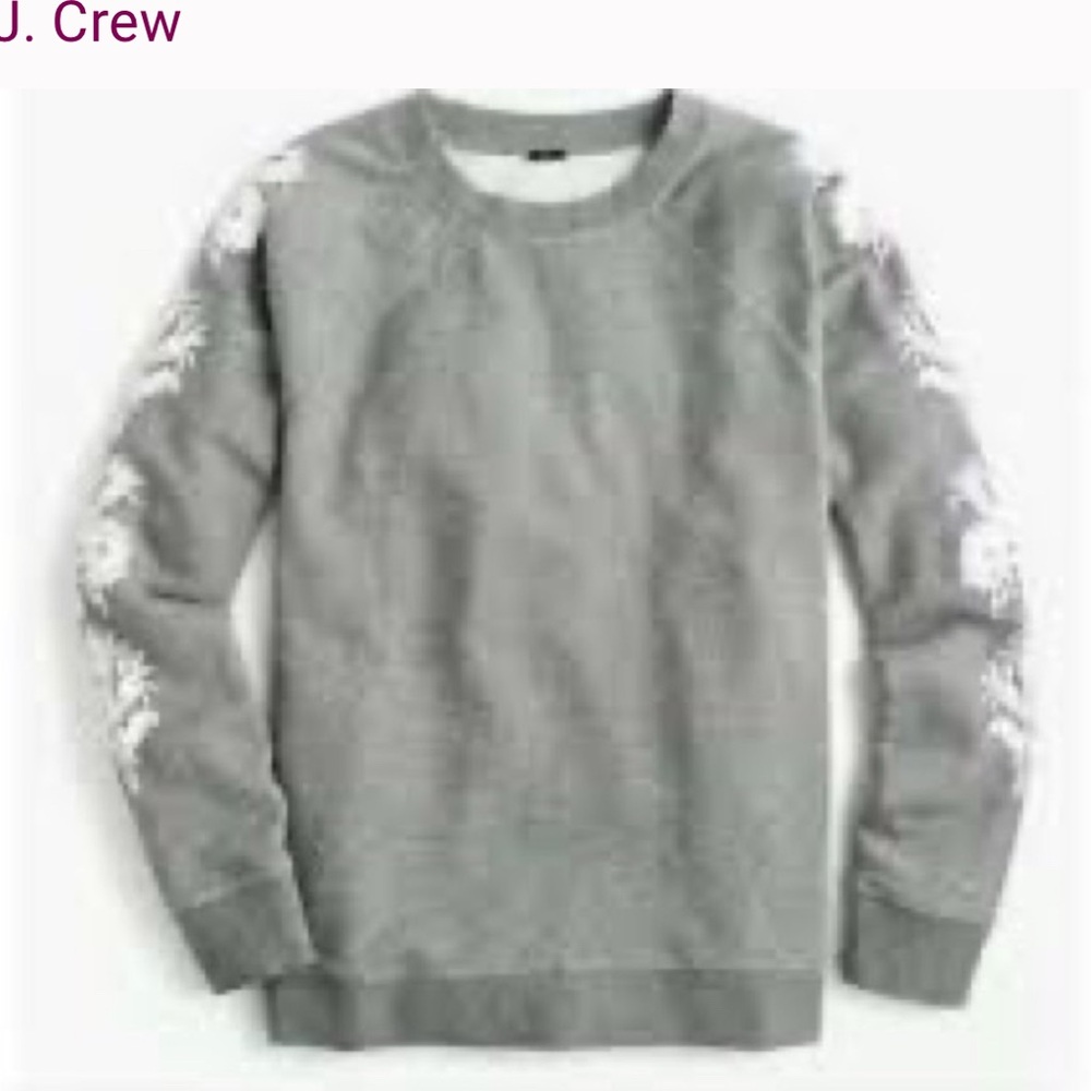 J. Crew Heather Grey Embroidered Floral Sleeves Sweatshirt Size Medium